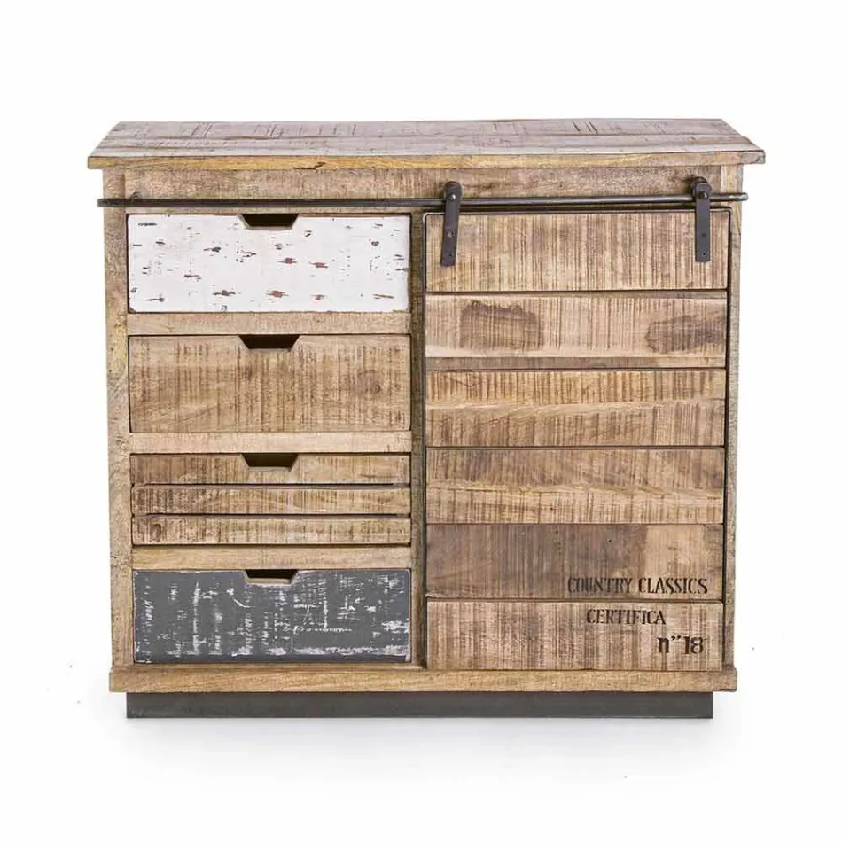 Příborník ze dřeva a oceli s dveřmi a 4 zásuvkami v průmyslovém stylu - Renza Viadurini