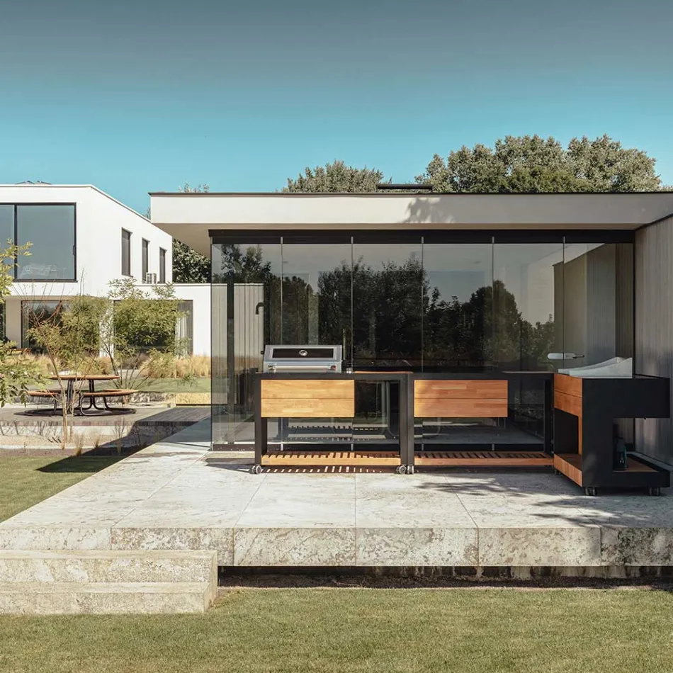 Venkovní kuchyně 140x65x93 cm z masivního teaku a hliníku - Convivial Viadurini