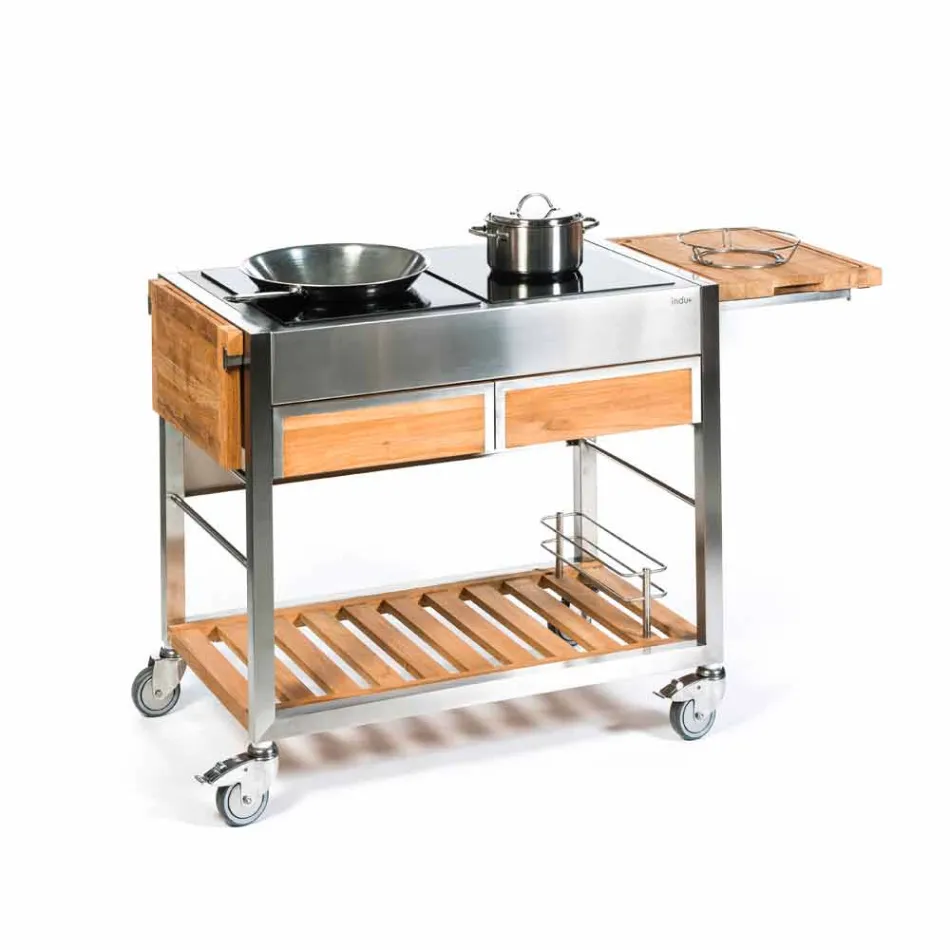 Moderní venkovní zahradní kuchyně na dřevěných a ocelových kolech - Buoncalliope Viadurini