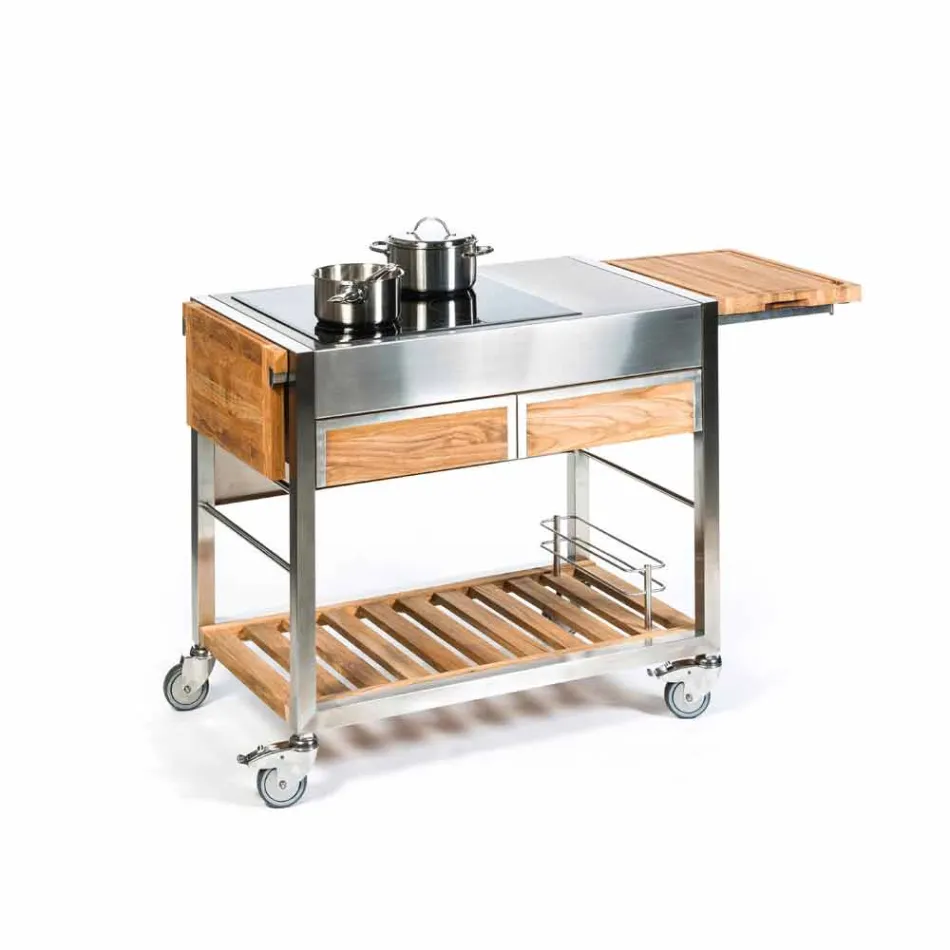 Moderní venkovní zahradní kuchyně na dřevěných a ocelových kolech - Buoncalliope Viadurini