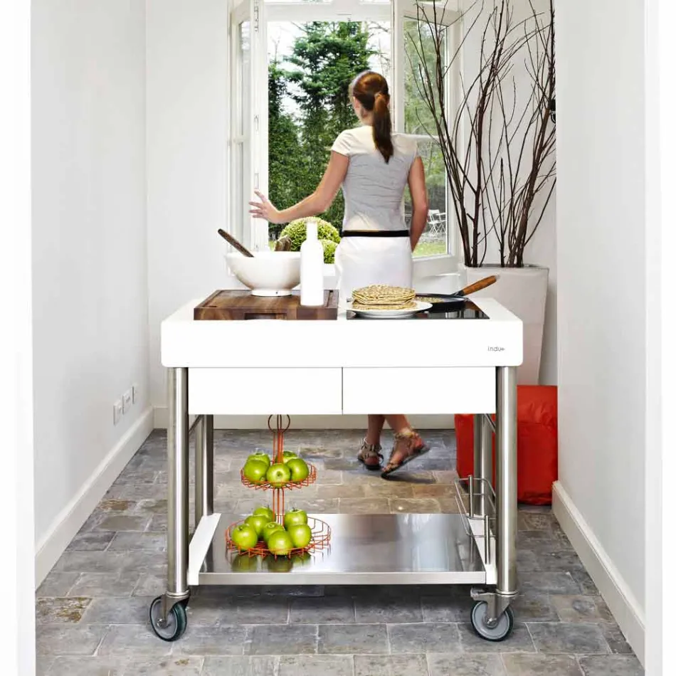 Moderní kuchyně na kolech pro venkovní zahrádku ze dřeva a oceli - Calliope Viadurini