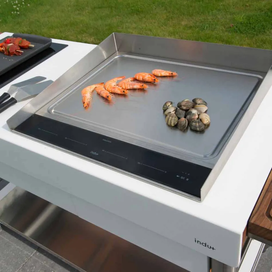 Moderní kuchyně na kolech pro venkovní zahrádku ze dřeva a oceli - Calliope Viadurini