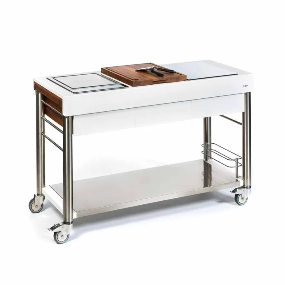 Moderní kuchyně na kolech pro venkovní zahrádku ze dřeva a oceli - Calliope Viadurini