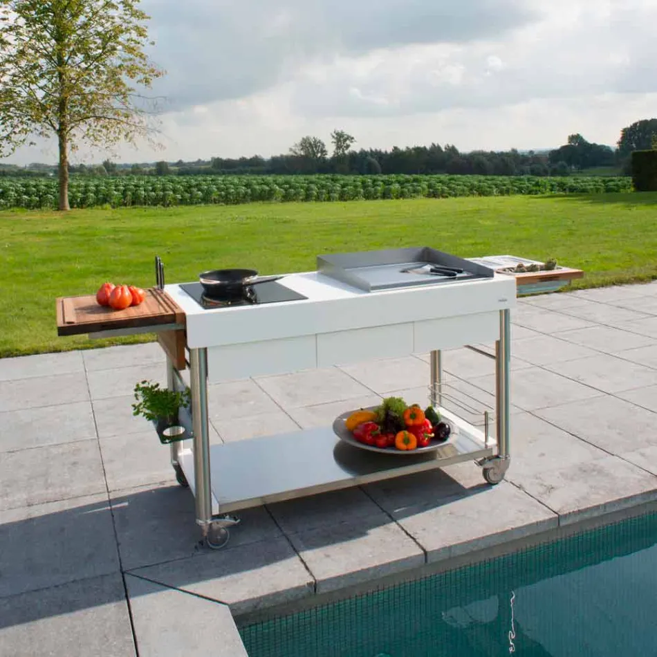 Moderní kuchyně na kolech pro venkovní zahrádku ze dřeva a oceli - Calliope Viadurini