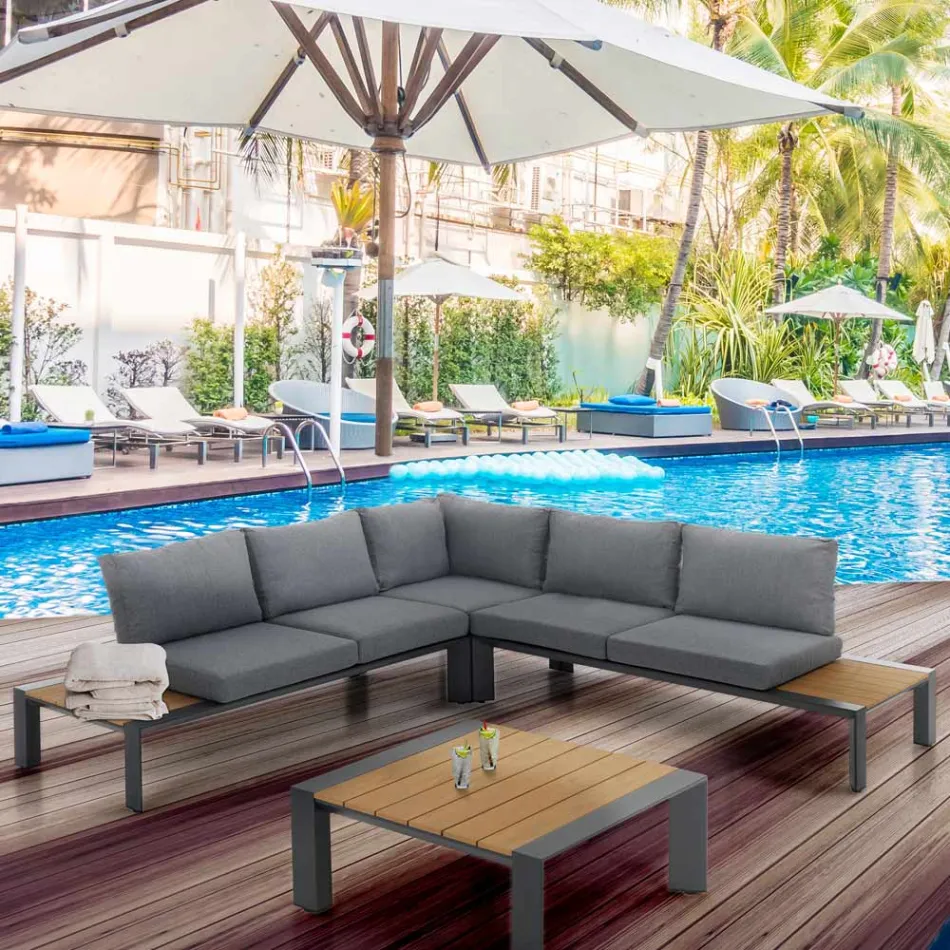 Rohová pohovka s konferenčním stolkem pro venkovní i vnitřní použití z hliníku - Mettre Viadurini