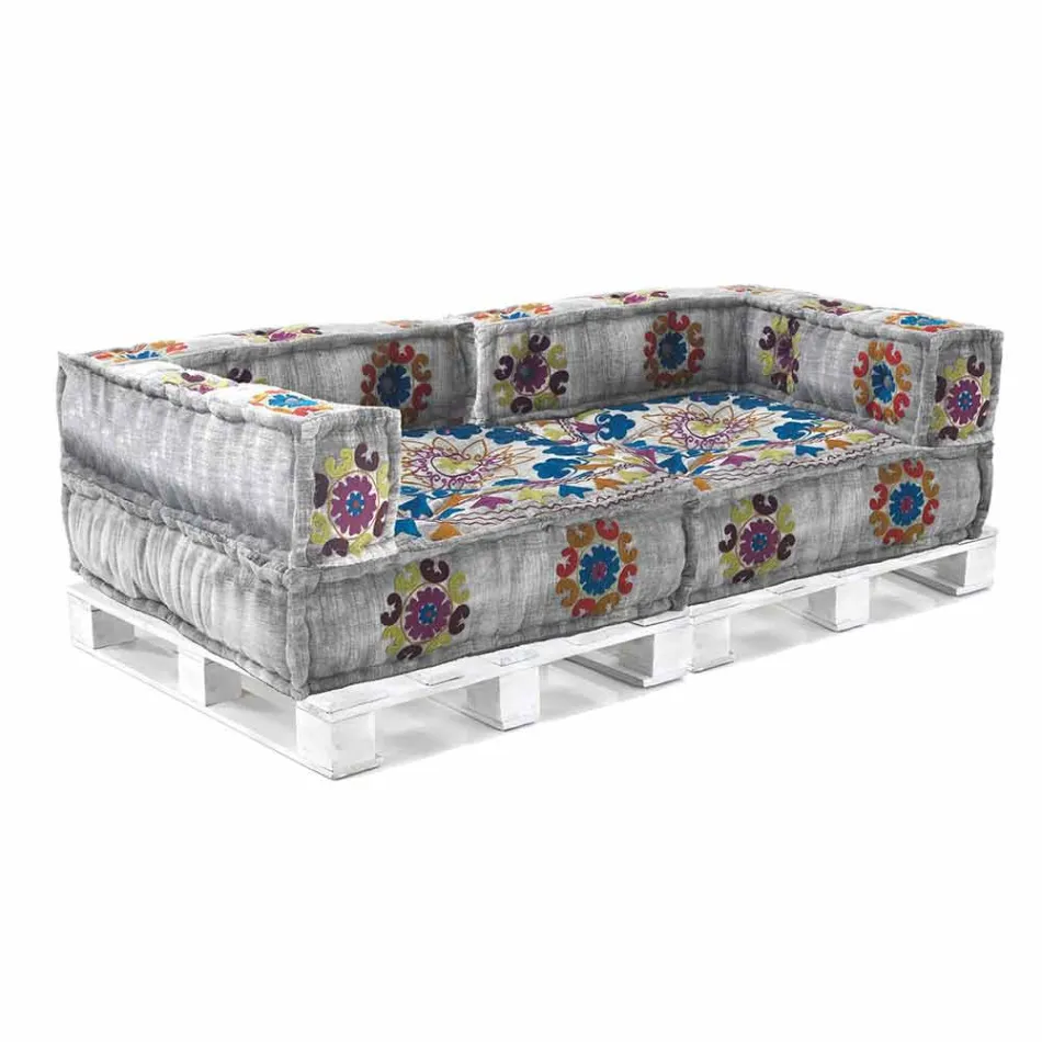 Polstrovaná dvoumístná etnická pohovka v Patchwork Fabric a Wood - Fiber Viadurini