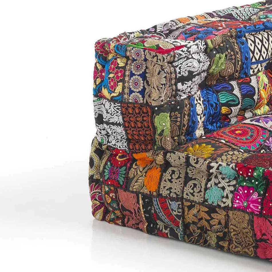 Polstrovaná dvoumístná etnická pohovka v Patchwork Fabric a Wood - Fiber Viadurini