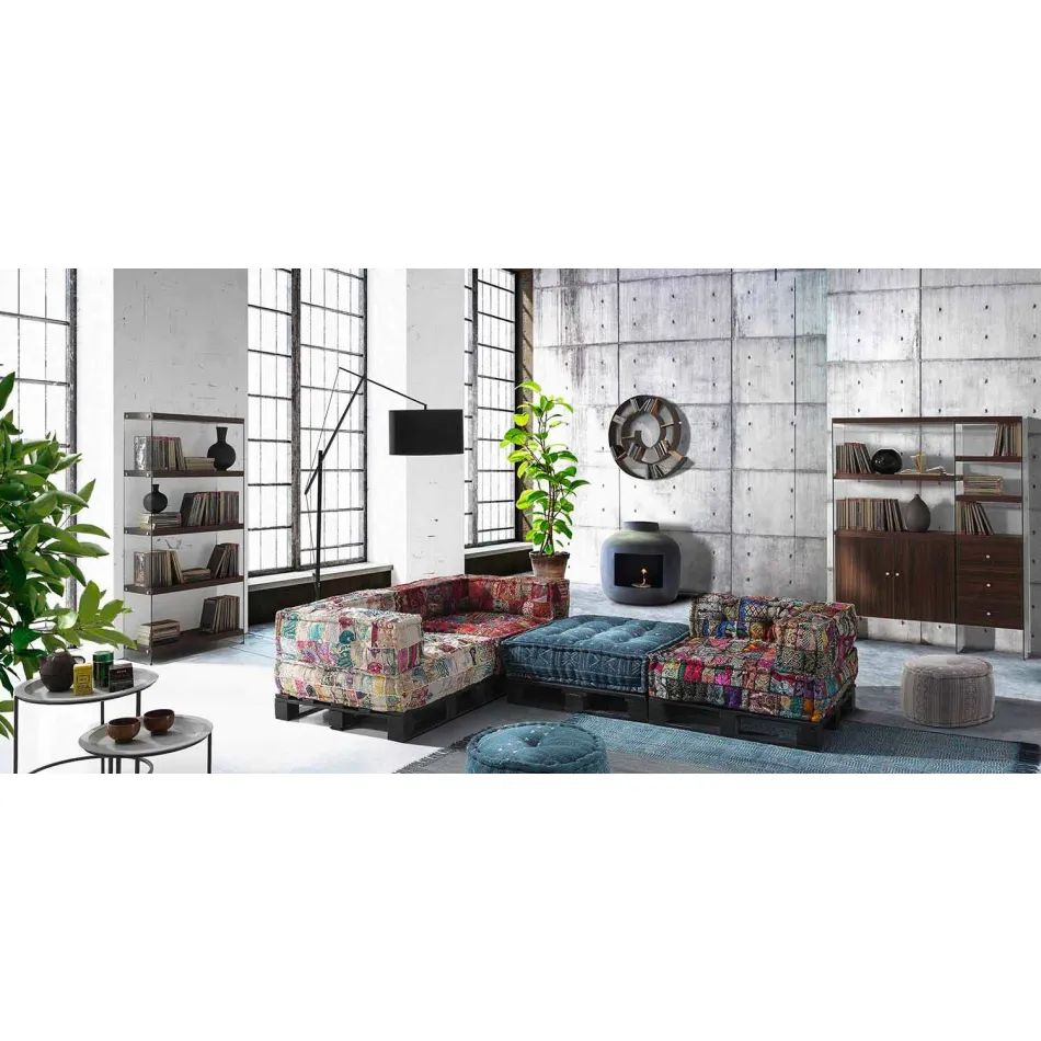 Polstrovaná dvoumístná etnická pohovka v Patchwork Fabric a Wood - Fiber Viadurini