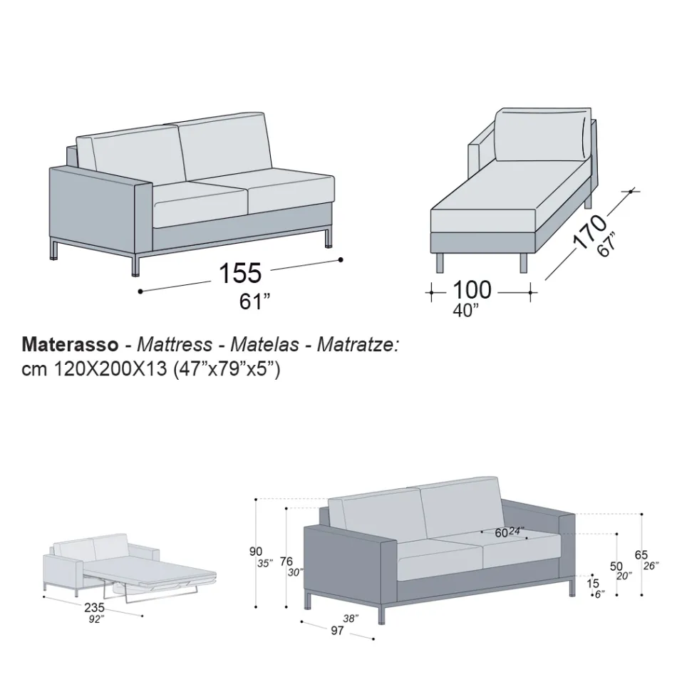 Rozkládací pohovka s poloostrovem z kovu a polyuretanu Made in Italy - Folle Viadurini
