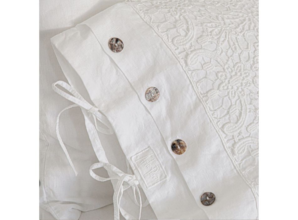 Bílý lněný povlak na polštář s krajkou, knoflíky a vázáním na polštář - Malone Viadurini