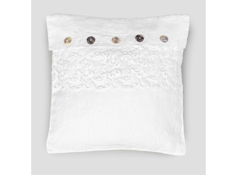 Bílý čtvercový povlak na polštář s krajkou a italskými luxusními knoflíky - loga Viadurini
