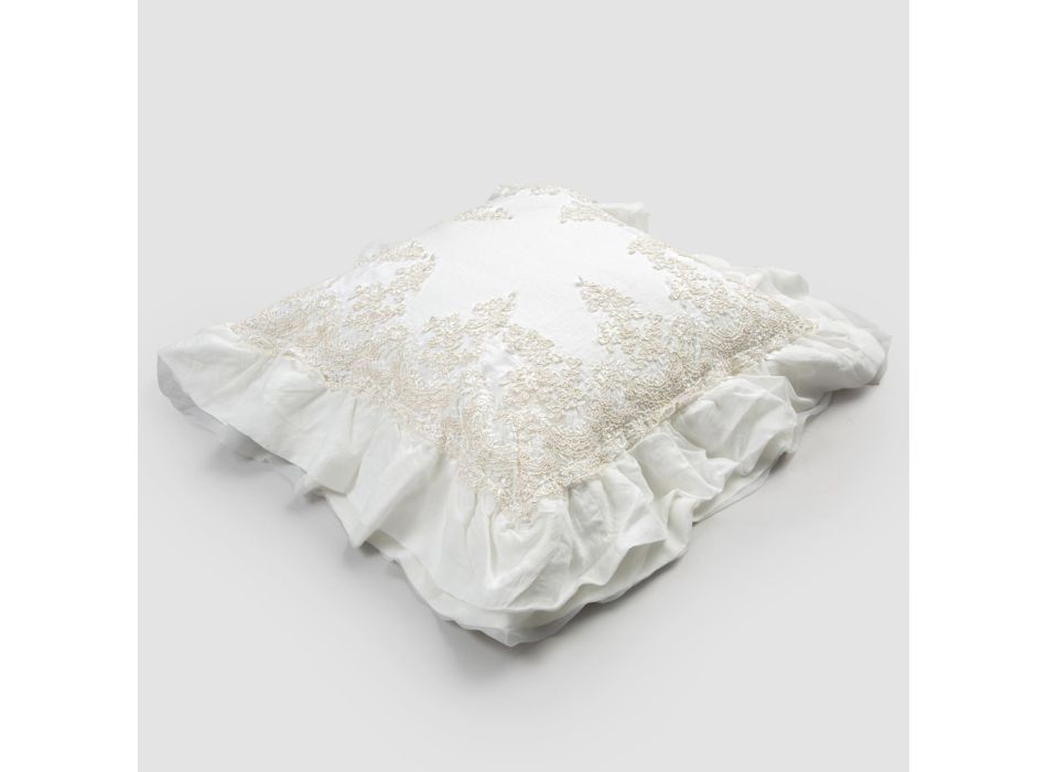 Čtvercový povlak na polštář z bílého povlečení s ozdobnou krajkou na okrajích a volány - Priscilla Viadurini