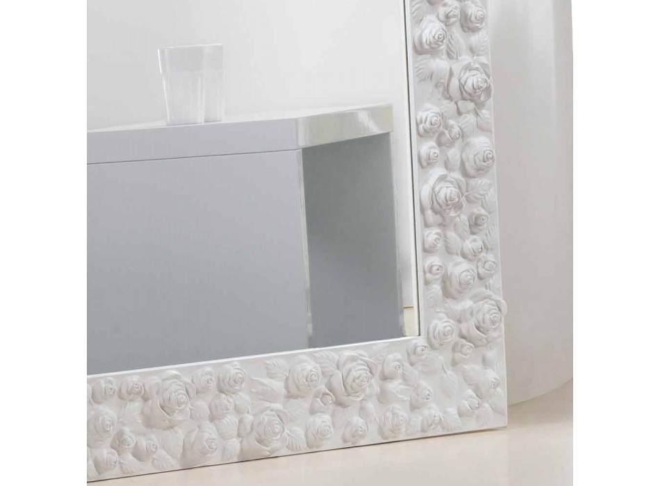 Velký bílý zrcadlo podlaha / stěna s dřevěným rámem Flower Viadurini