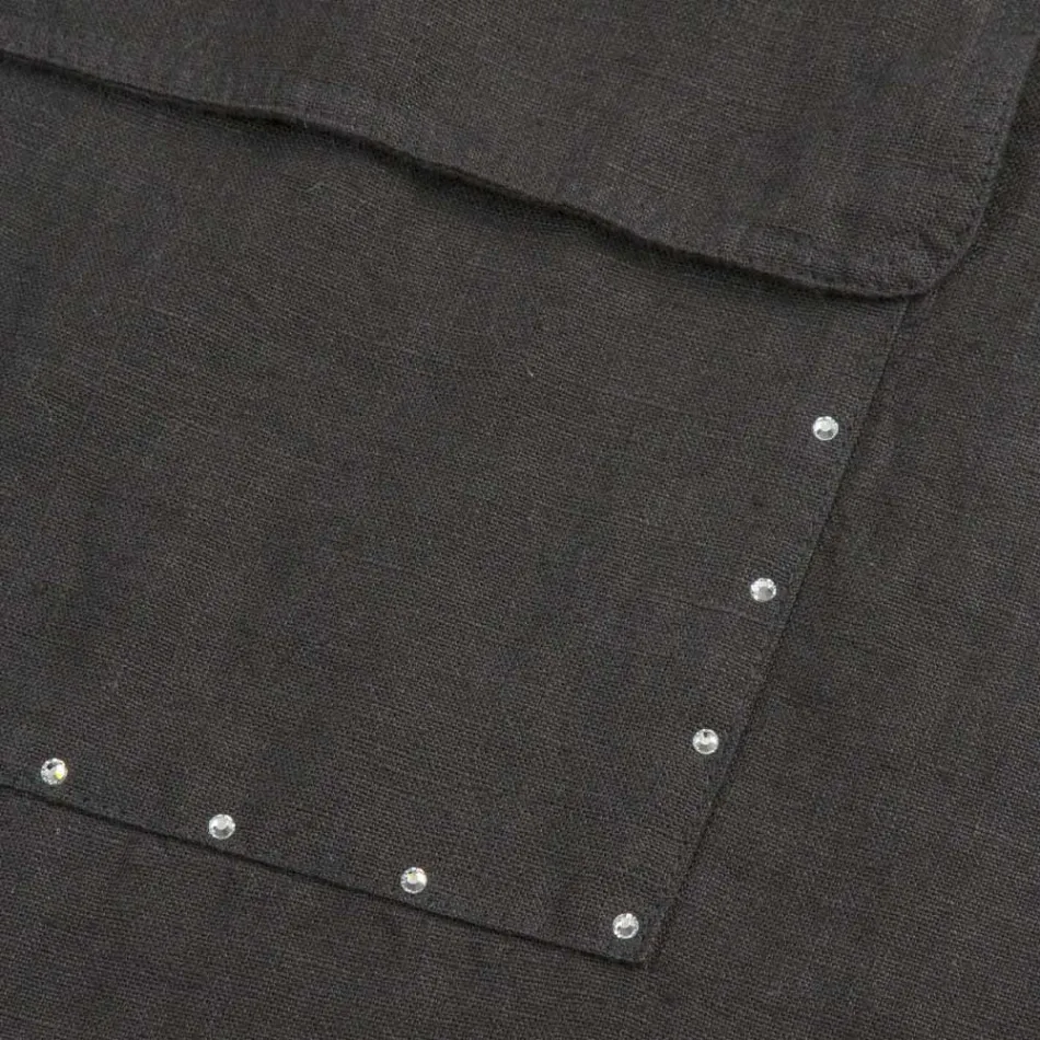 Černá lněná kuchyňská zástěra s krystaly Nízký model s kapsou - Click Viadurini