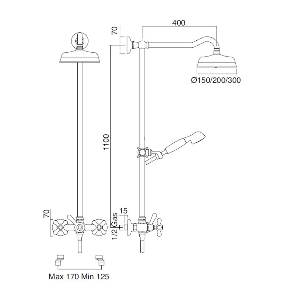 Duplexní mosazná sprchová skupina Classic se sprchovou hlavicí 3 velikosti - Ercolina Viadurini
