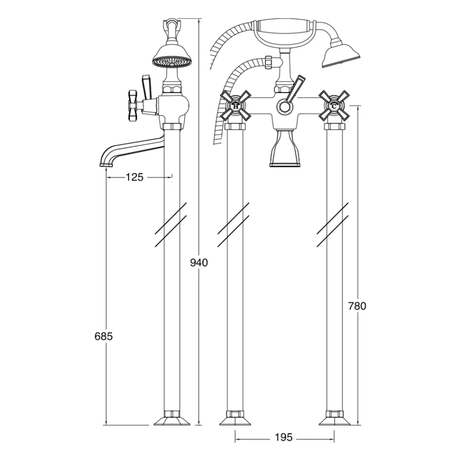 Vyrobeno v Itálii Mosazná podlahová vanová skupina, vintage styl - Silvana Viadurini