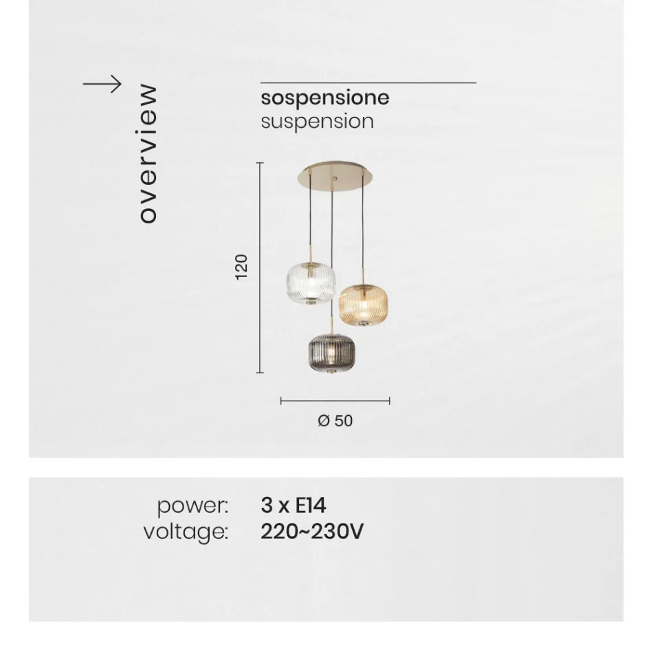 Závěsná lampa 3 světla z barevného foukaného skla a kovu - Trissa Viadurini