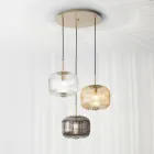 Závěsná lampa 3 světla z barevného foukaného skla a kovu - Trissa Viadurini