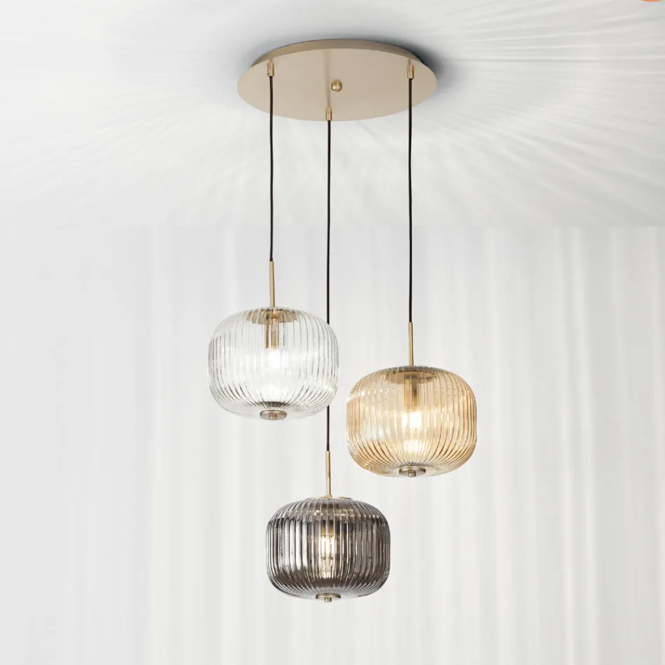 Závěsná lampa 3 světla z barevného foukaného skla a kovu - Trissa Viadurini