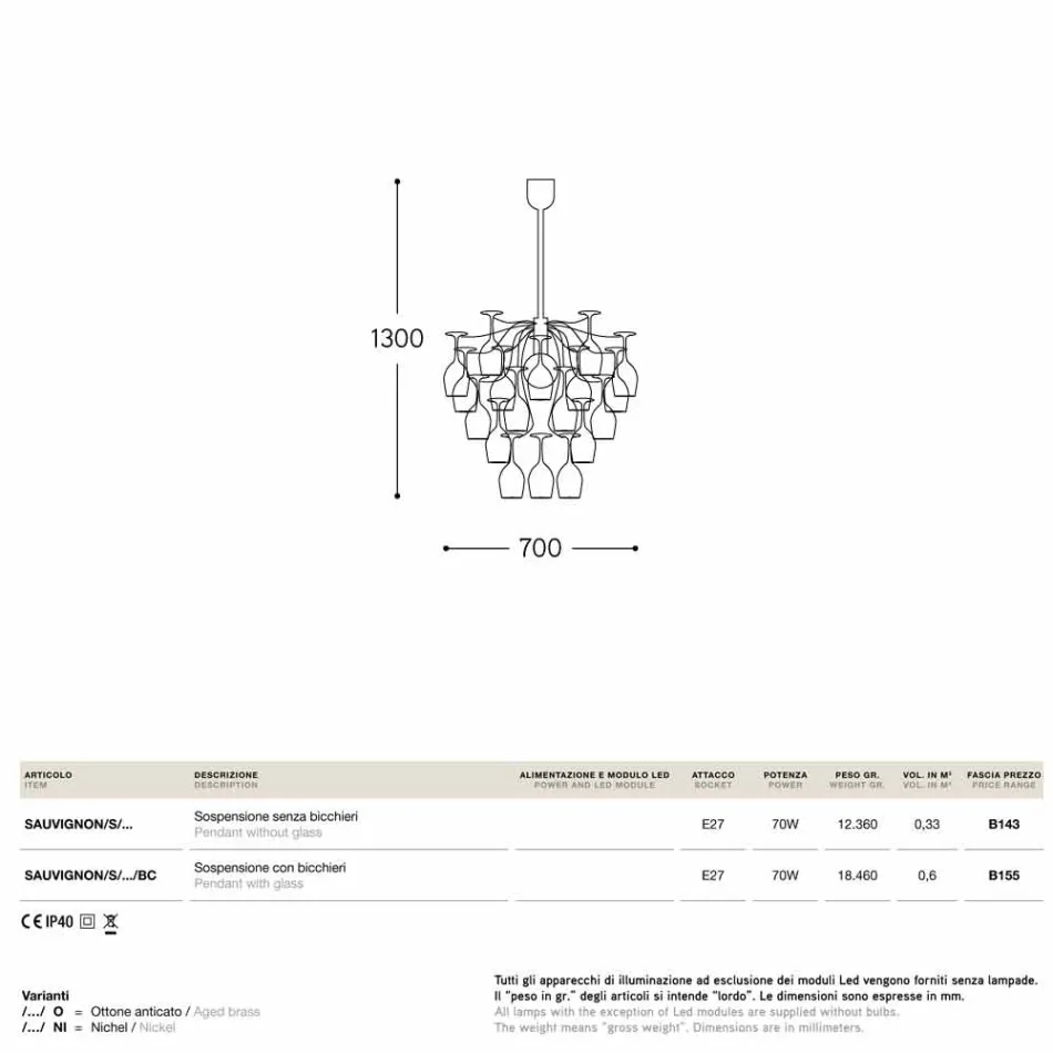 Pendant lamp 30 sklenic převrátil Sauvignon Viadurini