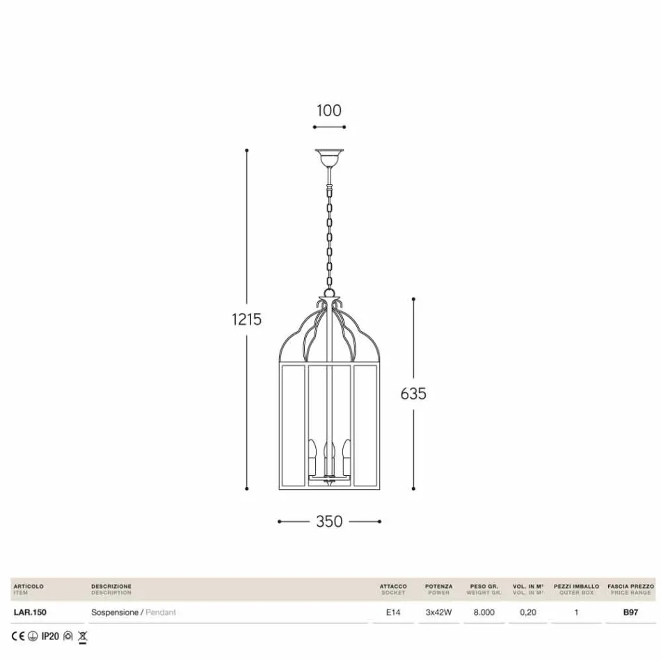 Závěsná lampa 3 světla mosaz a sklo Turandot Viadurini