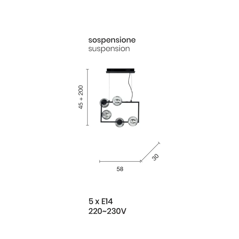 Závěsné svítidlo s 5 světly z kovu a moderního foukaného skla - Birga Viadurini