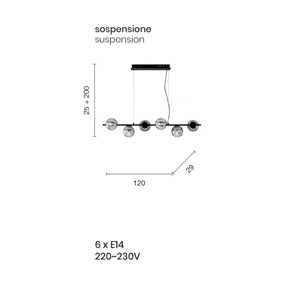 Závěsné svítidlo se 6 světly z kovu a moderního foukaného skla - Birga Viadurini