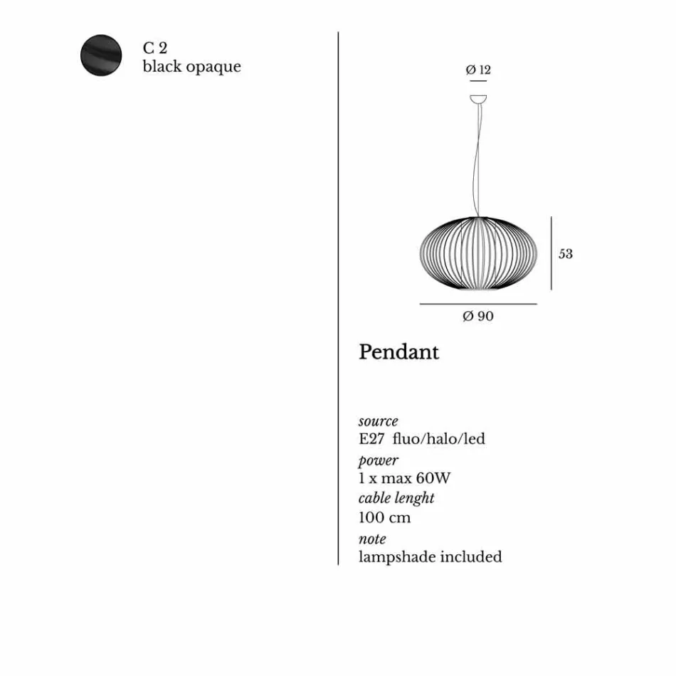 Závěsná lampa lakované oceli, Ø90xh.53xl.cavo100cm, Joy Viadurini