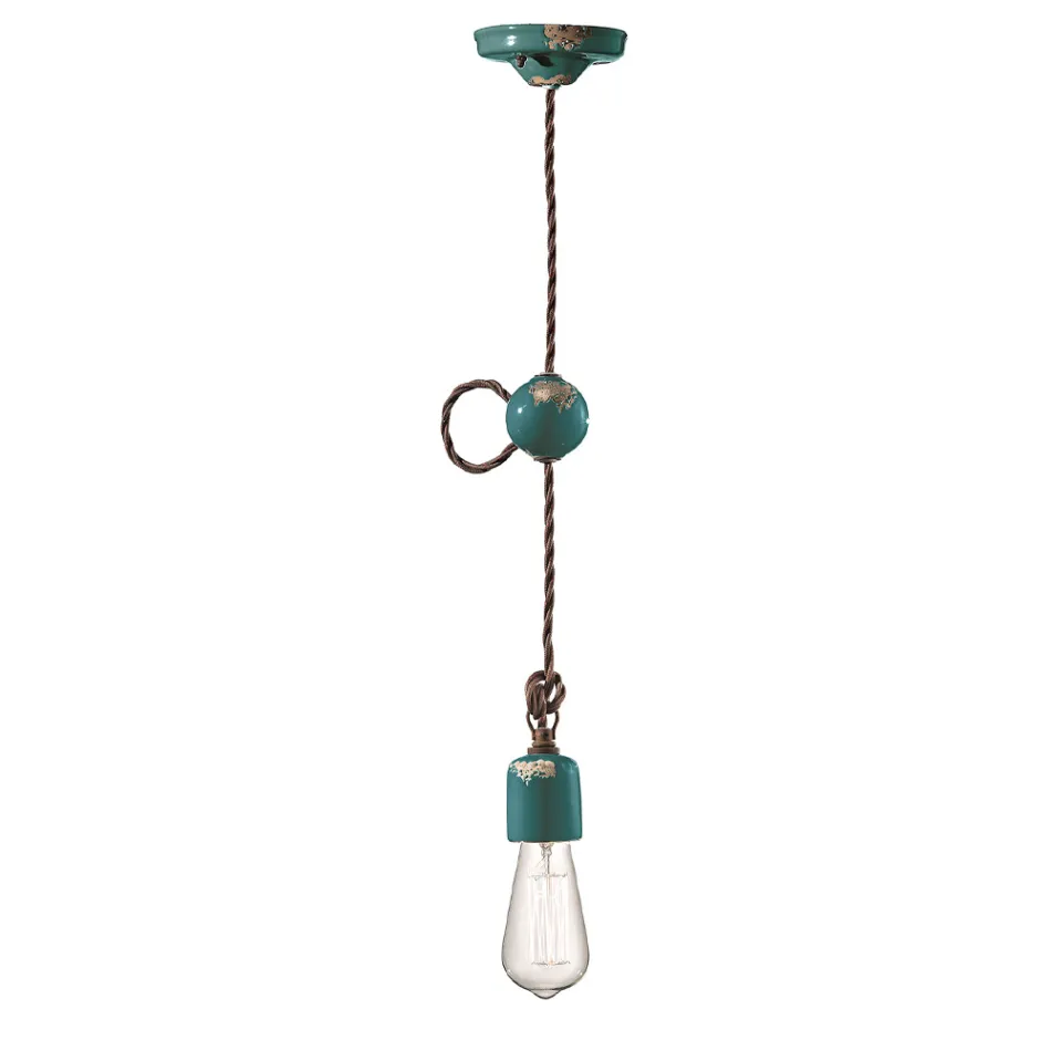 Průmyslová řemeslná závěsná lampa ze železa a keramiky - Vintage Viadurini