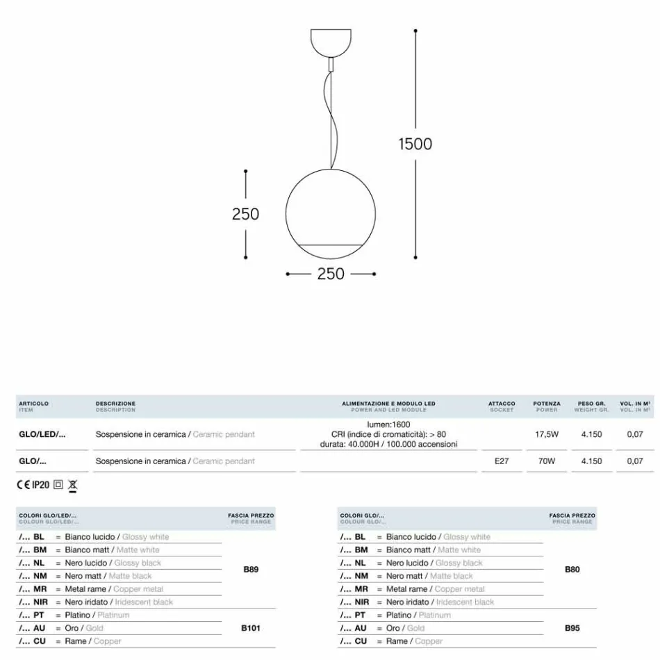 Lampa keramické suspenze Globo Aldo Bernardi Viadurini
