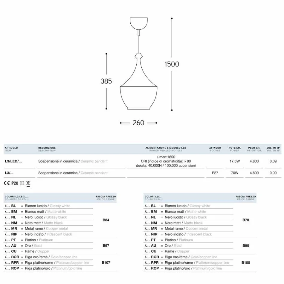 Lampa keramické odpružení Lustri 3 Aldo Bernardi Viadurini