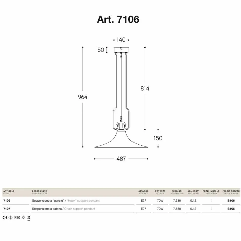 Závěsné svítidlo v mědi, mosaz mlýn s hákem Viadurini