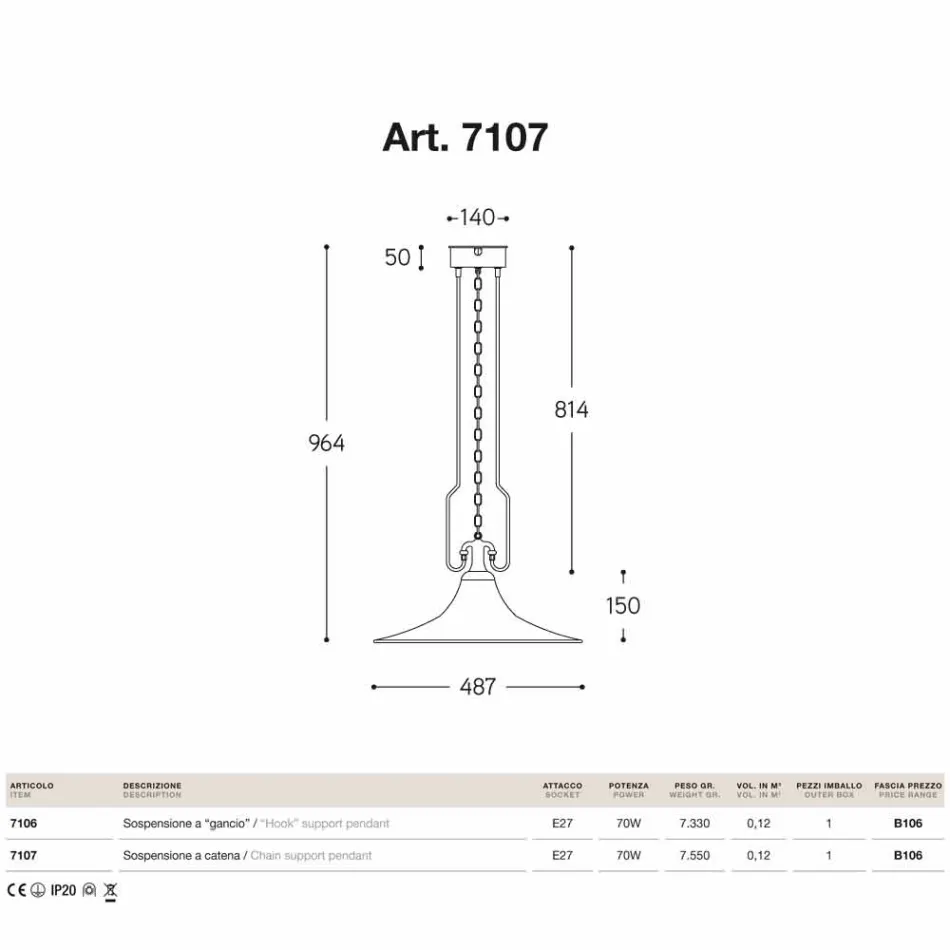 Závěsné svítidlo v mědi, mosaz mlýn s hákem Viadurini