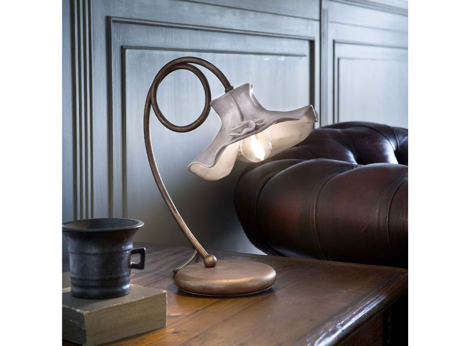 Ručně vyrobená stolní lampa v lesklém keramickém designu s růžemi - Lecco Viadurini