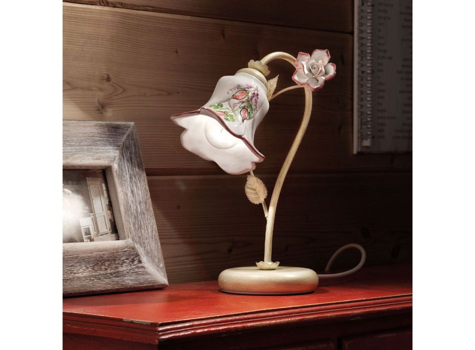 Stolní lampa z kovu a ručně zdobené keramiky s růží - Pisa Viadurini