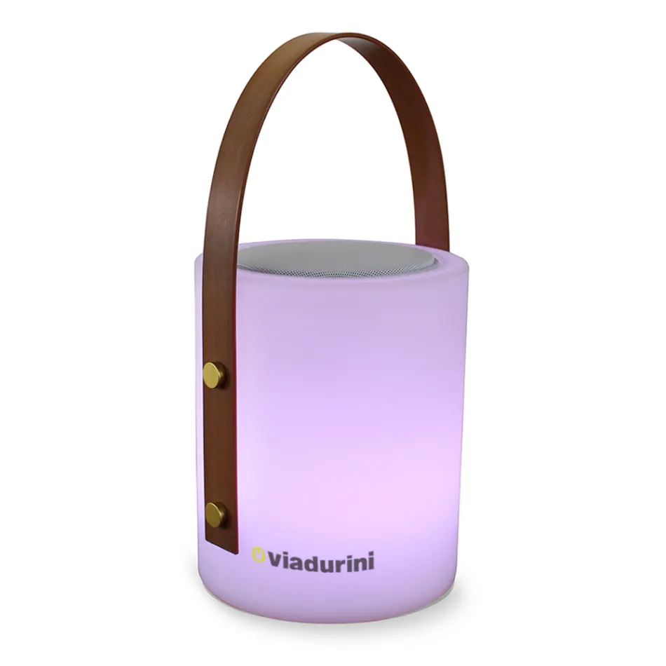 Přenosná venkovní designová lampa s vícebarevnými LED diodami, Bluetooth reproduktorem a dálkovým ovládáním (IP44) Viadurini