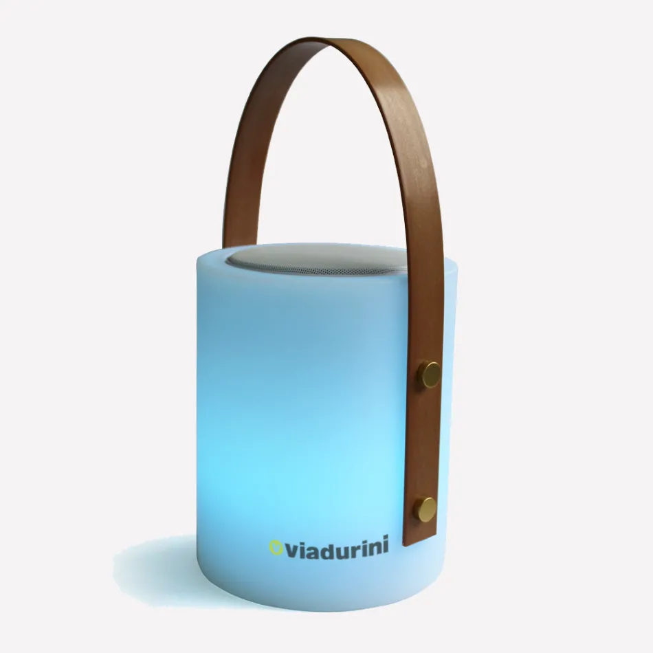 Přenosná venkovní designová lampa s vícebarevnými LED diodami, Bluetooth reproduktorem a dálkovým ovládáním (IP44) Viadurini