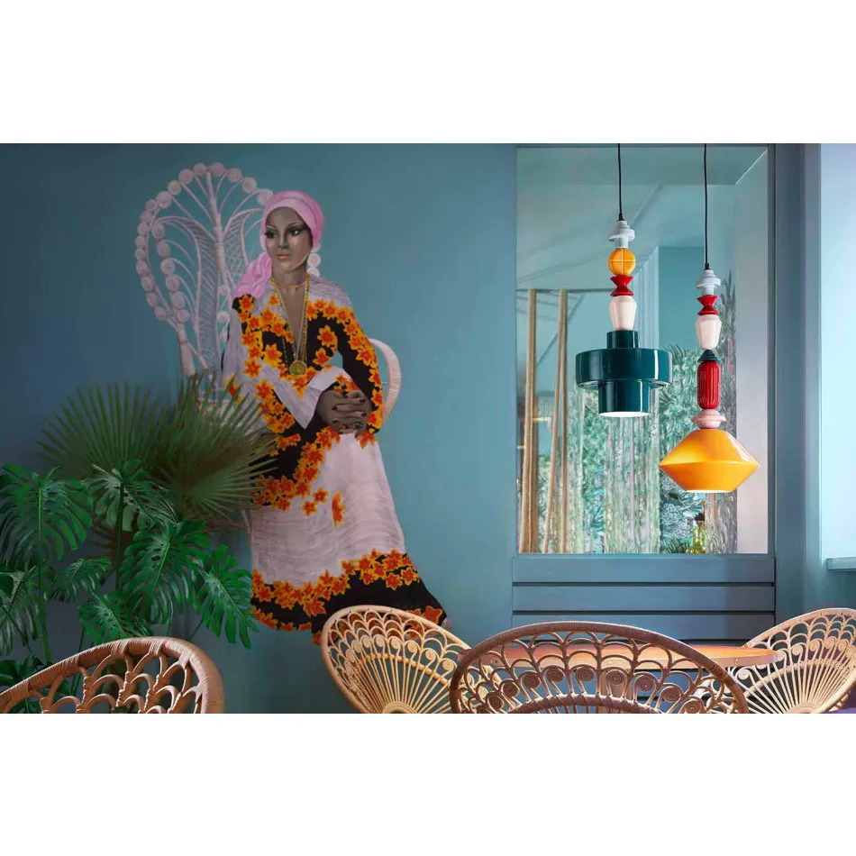 Žlutá nebo zelená retro keramická závěsná lampa vyrobená v Itálii - Ferroluce Lariat Viadurini