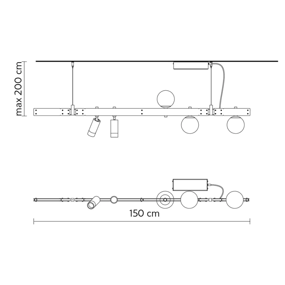 Design závěsné lampy Bílý hliník se skleněnými koulemi a reflektory - Exodus Viadurini
