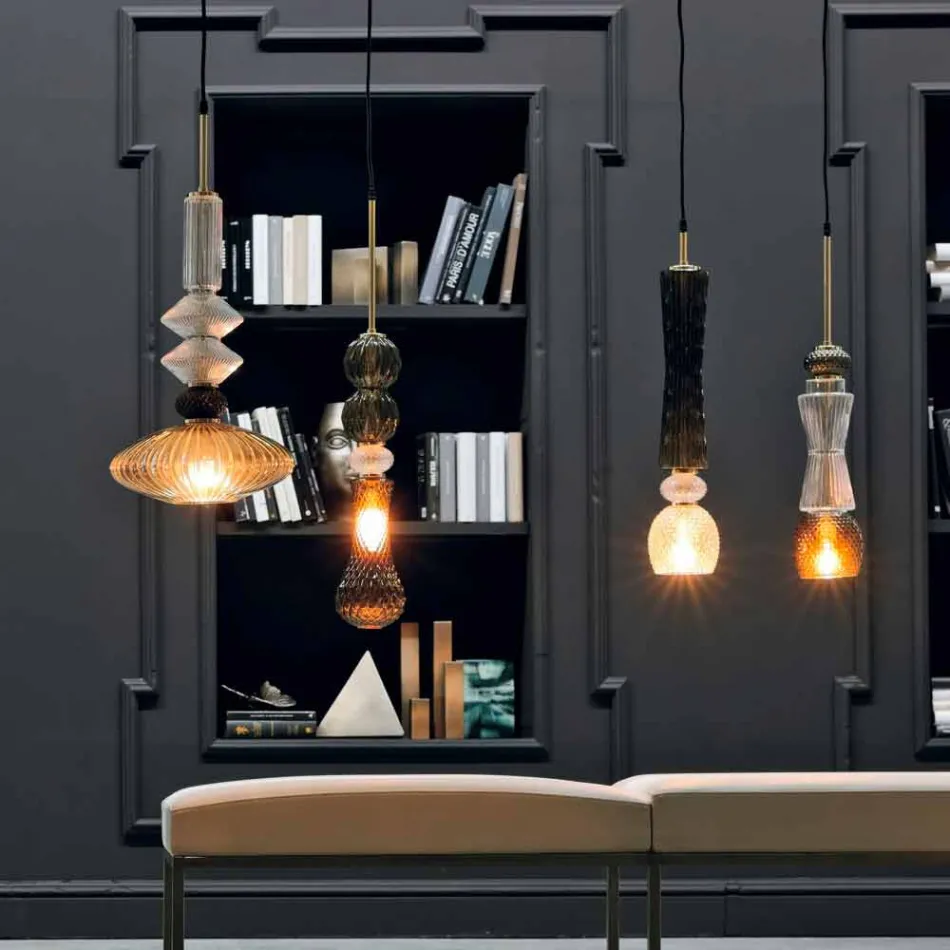 Závěsná lampa ze skla Murano s textilním kabelem vyrobená v Itálii - Missi Viadurini