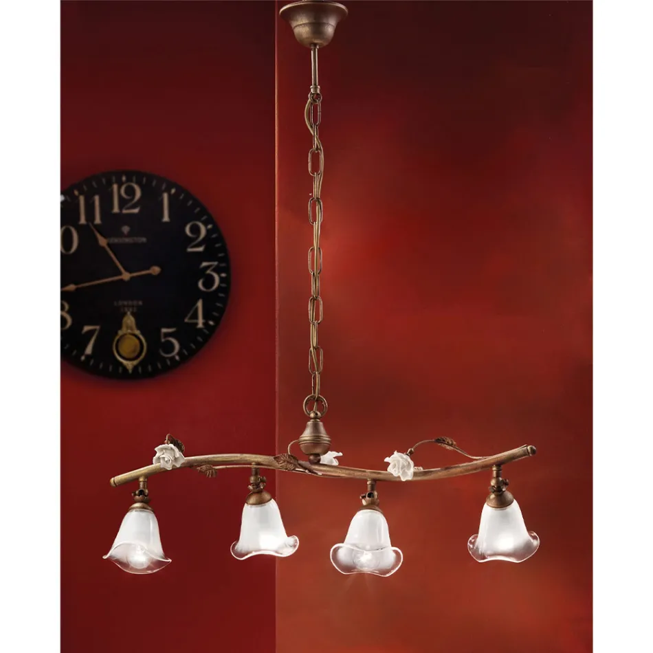 Lineární závěsná lampa 4 světla ze železných, skleněných a keramických růží - Siena Viadurini