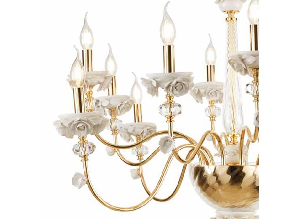Klasický 12 světelný lustr z porcelánu a luxusního foukaného skla - Eteria Viadurini