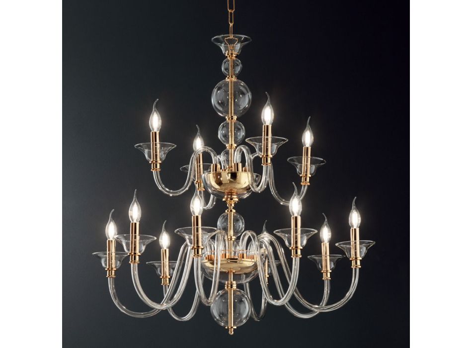 Klasický lustr 12 světel z italského ručně vyráběného skla a kovu - Memore Viadurini