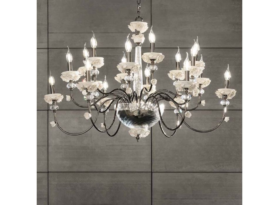Klasický 18 světelný lustr z porcelánu a luxusního foukaného skla - Eteria Viadurini