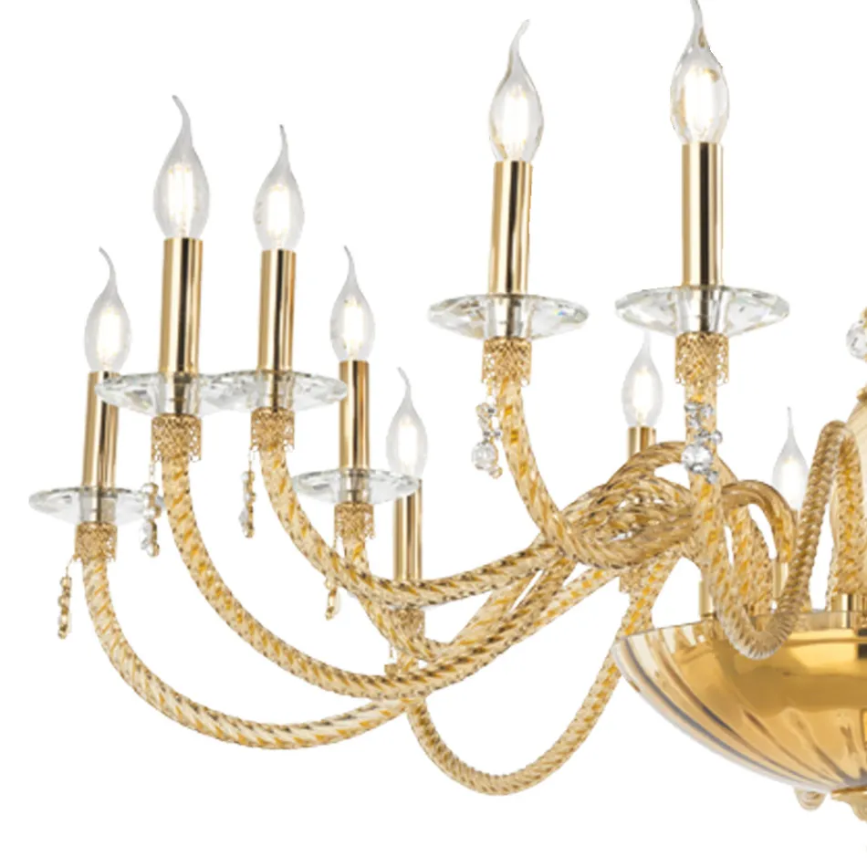 Klasický 18 světelný lustr z foukaného skla a detaily ruky - Phaedra Viadurini