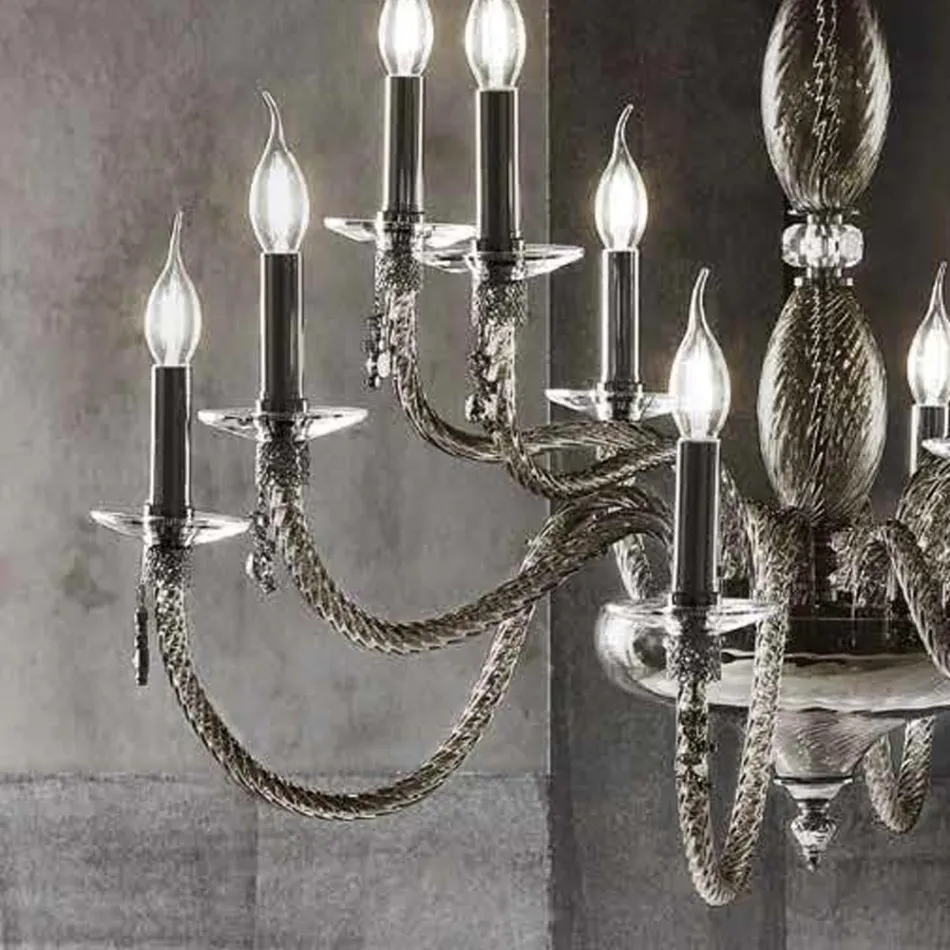 Klasický 18 světelný lustr z foukaného skla a detaily ruky - Phaedra Viadurini