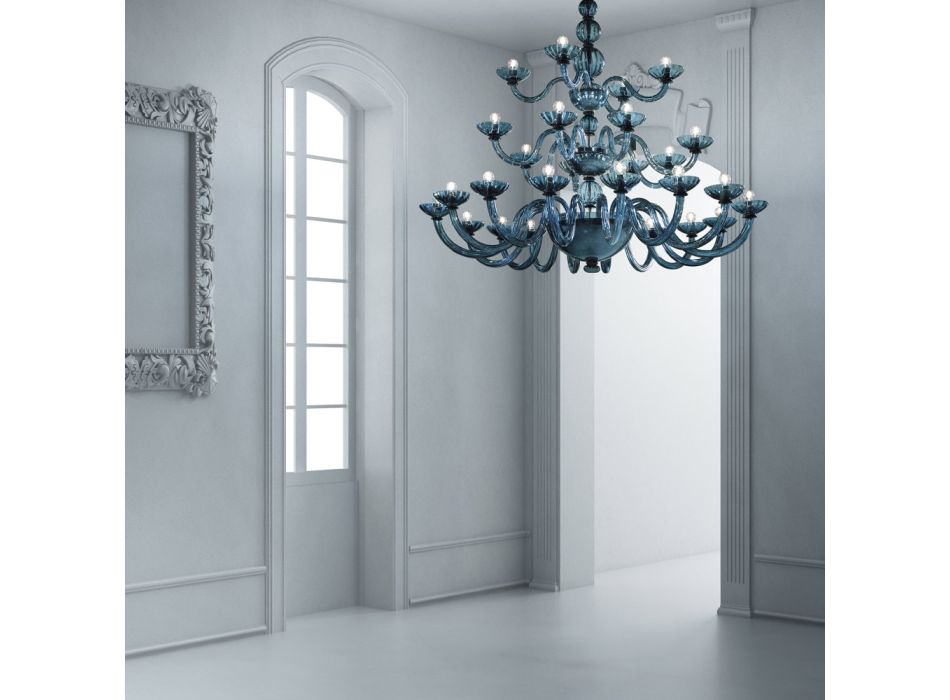 Ručně vyráběný lustr 28 světel v modrém benátském skle a kovu - Foscarino Viadurini