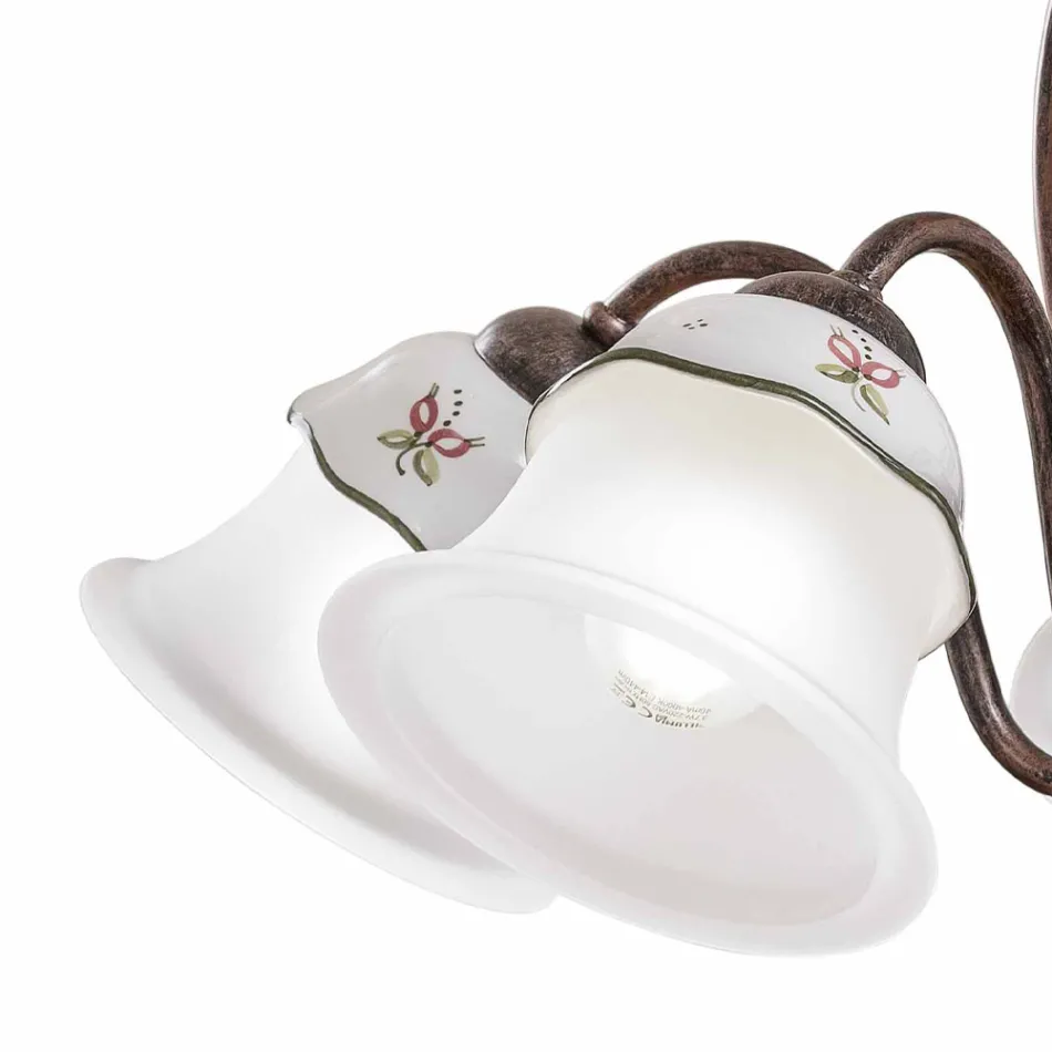 Lustr se 3 nebo 5 světly ze železa, ručně malované keramiky a skla - Ferrara Viadurini