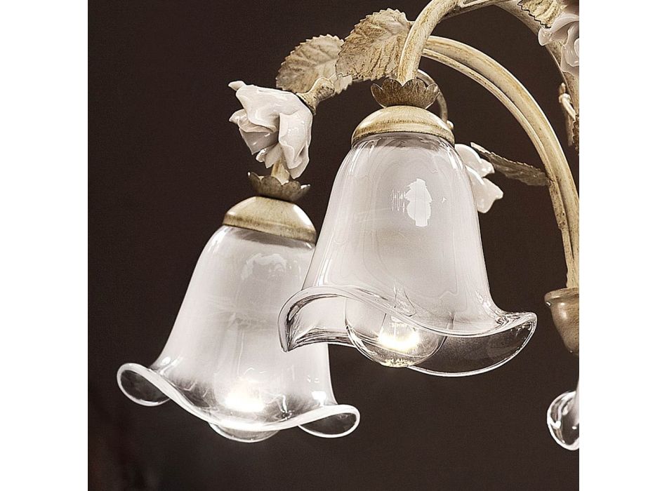 Lustr 5 světel ze železa a pískovaného skla s keramickými růžemi - Siena Viadurini