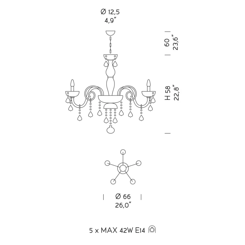 Lustr 5 světel z benátského skla a kovu Classic - florentský styl Viadurini